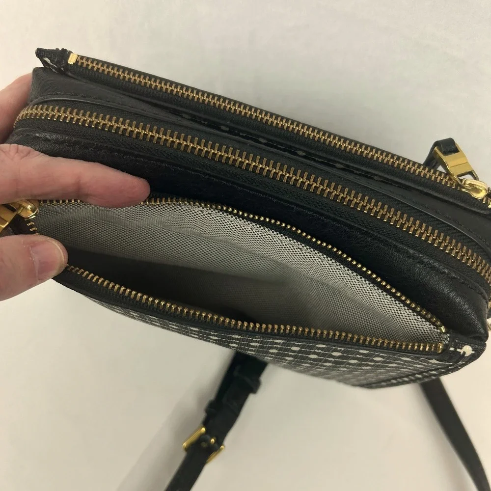 Fossil Black White Key Print Triple Zip Crossbody Bag Brass‎ Hardware
